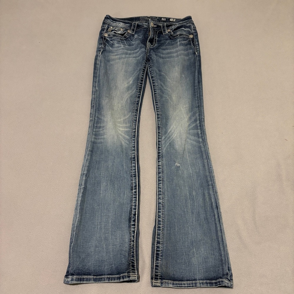 Miss Me Bootcut Jeans 27 Medium Wash Embellished Blue Denim Y2K Grunge Faded